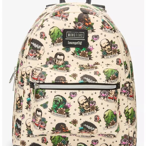 Loungefly Universal Monsters Mini Backpack Tattoo Pattern Characters Bag New - Picture 1 of 4